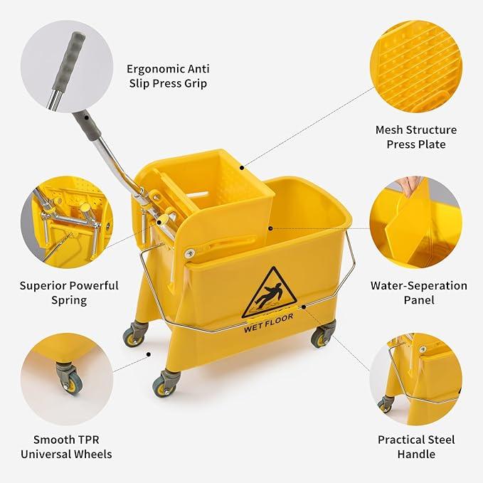 22 Qt (5.5 Gallon) Mop Bucket with Wringer for Floor Cleaning, Handle, Wheels, 16.5" L x 10.6" W x 26.4" H, Yellow,Add One Loop-end String Mop - NeatNest