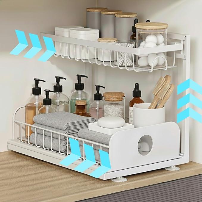 Under Sink Organizer, 1 Pack, 2 Tier Pull Out Sliding Shelf, Adjustable Height, Heavy Duty, Cabinet Organizer for Kitchen Bathroom, Tool-Free Install, White - NeatNest