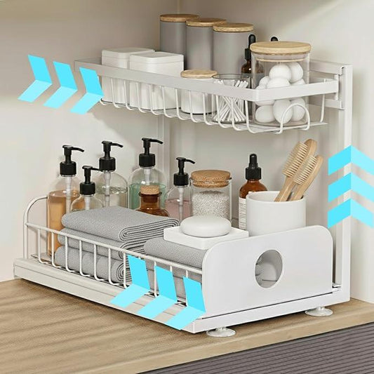 Under Sink Organizer, 1 Pack, 2 Tier Pull Out Sliding Shelf, Adjustable Height, Heavy Duty, Cabinet Organizer for Kitchen Bathroom, Tool-Free Install, White - NeatNest