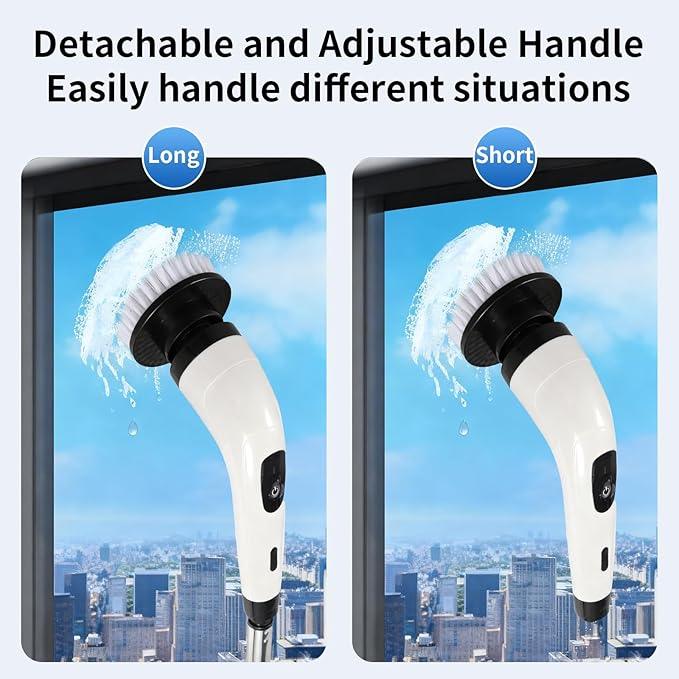 Rechargeable Electric Spin Scrubber, Waterproof Power Cleaner with 7 Brush Heads,1 Window Squeegee,2 Speeds Adjustable Long Handle for Bathroom, Floor, Shower, Tile & Kitchen Cleaning (White) - NeatNest