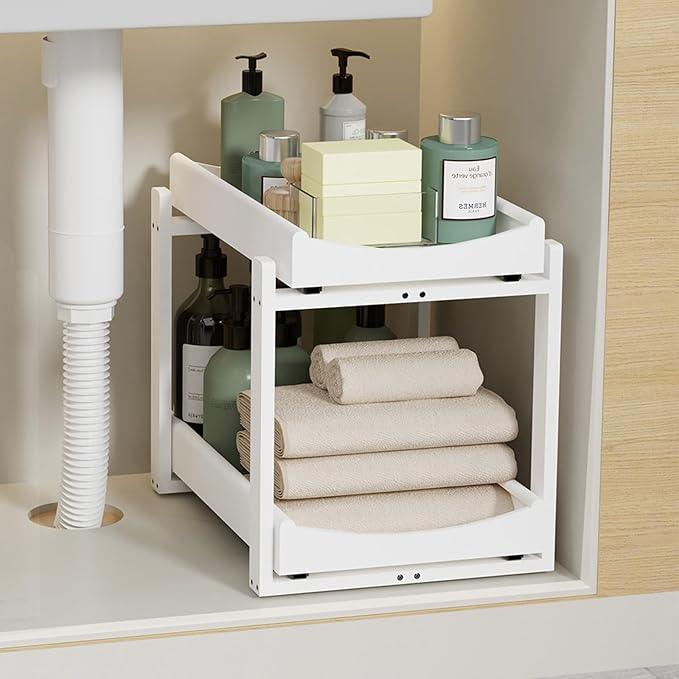 Bamboo Under Sink Organizer and Storage, 1 Pack Pull Out Cabinet Organization, 2 Tier Vertical Slide Out Undersink Storage Shelf, Multi-Purpose Organizer Shelves for Kitchen Bathroom Medicine, White - NeatNest