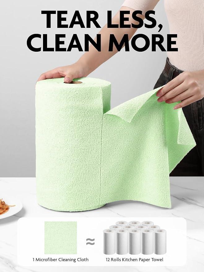 Fantasticlean Microfiber Cleaning Cloth Roll -75 Pack, Tear Away Microfiber Towels, 12" x 12", Reusable, Washable, Scratch Free, Ultra Absorbent Dish Rags for Car, Home, Garage or Shop (Green) - NeatNest