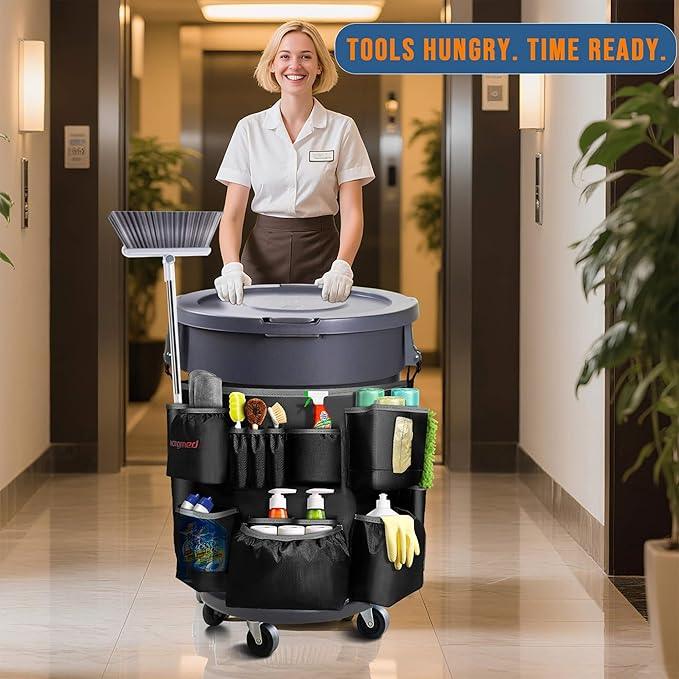Trash Can Caddy Bag for 32-55 Gallon Garbage Bin, Hongmed Caddy for Commercial Cleaning Supplies, Multi-Pocket Utility Apron with Adjustable Straps, Heavy-Duty Nylon Organizer for Janitorial Duties - NeatNest
