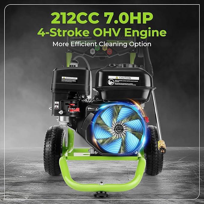 4200 PSI Gas Pressure Washer, 4.0 Max GPM 212CC 7HP Commercial Gas Power Washer, Spray Gun and Wand, 5 Nozzle Set, for Cars/Fences/Driveways/Homes/Patios/Furniture (Green) - NeatNest