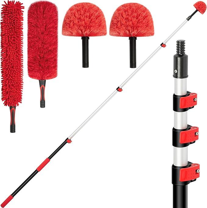 5-12 FT Extension Pole with 2 Outdoor Cobweb Brushes, 20 FT High Reach Ceiling Fan Cleaner Duster for Home, 12 FT Extendable Pole with 4 Pcs Dusting Tools, Cubweb Dusters, Feather Dusters, Fan Duster - NeatNest