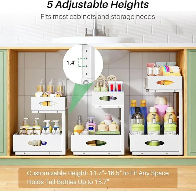 Under Sink Organizer, 1-Pack Pull Out Cabinet Organizer 2 Tier Metal Slide Out Storage Shelf Rack, L-Shaped Adjustable Height,Mesh Sliding Drawer for Kitchen, Bathroom, Laundry, Pantry, White, XL - NeatNest