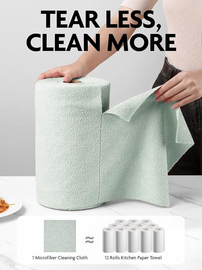 Fantasticlean Microfiber Cleaning Cloth Roll -75 Pack, Tear Away Microfiber Towels, 12" x 12", Reusable, Washable, Scratch Free, Ultra Absorbent Dishcloth for Home Supplies, Car, Pet (Moss Green) - NeatNest