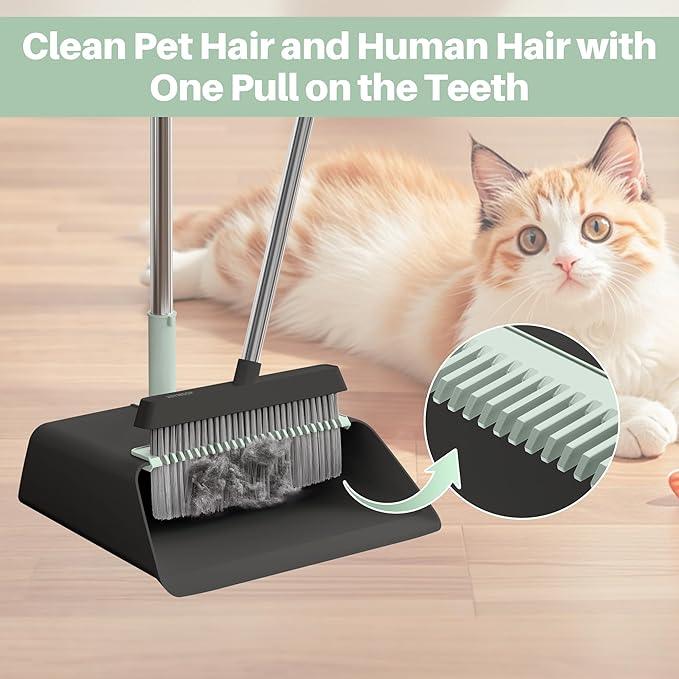 JOYMOOP Black Broom and Dustpan Set with 56” Handle, Upright Angle Design for Pet Hair and Hard Floor Sweeping - NeatNest