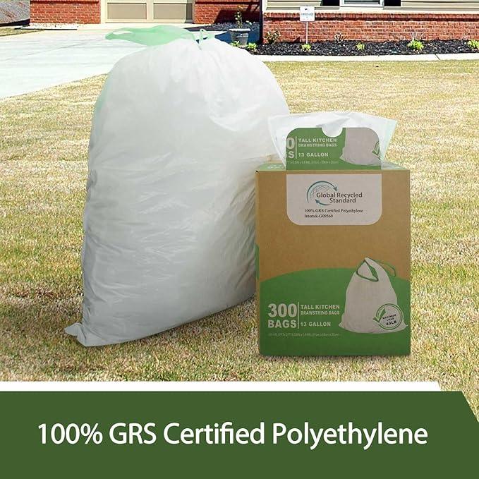 TYPLASTICS 300 Count 13 Gallon Tall Kitchen Drawstring Trash Bags, GRS Compliant, Eco-Friendly Recycled Material - NeatNest