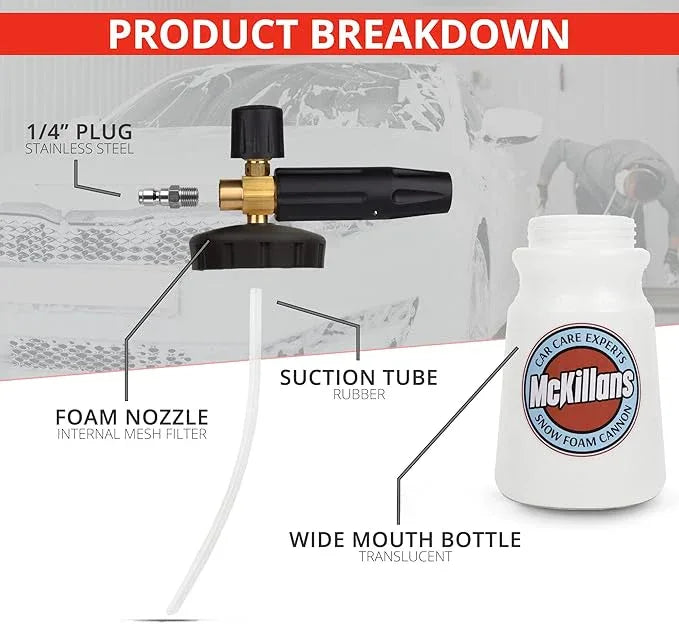 McKillans Pressure Washer Gun with Swivel and 3/8" Male Plug and Wide Mouth Snow Foam Cannon Equipped with 1/4” Quick Connector Coupler - NeatNest