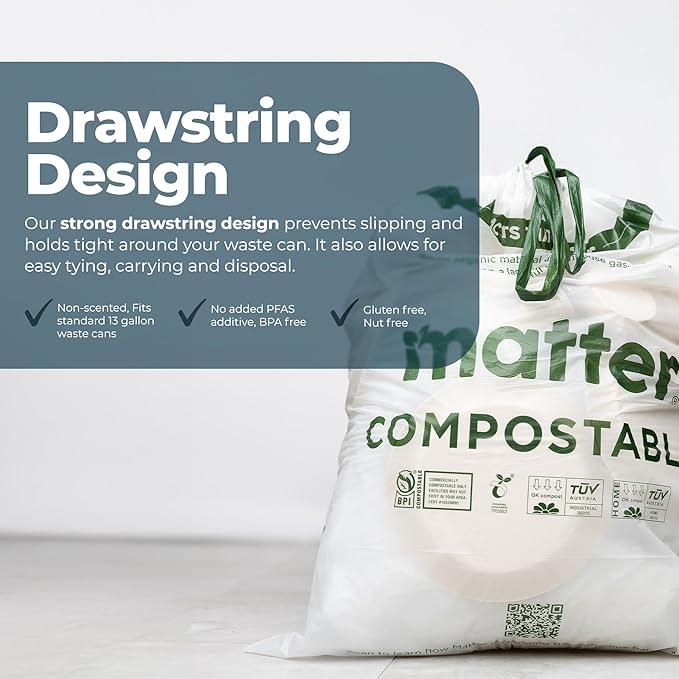 Matter Compostable 13 Gallon Tall Kitchen Trash Bags with Drawstring, Eco-Friendly, Unscented, Durable, Leak-Resistant, 60 Count - NeatNest