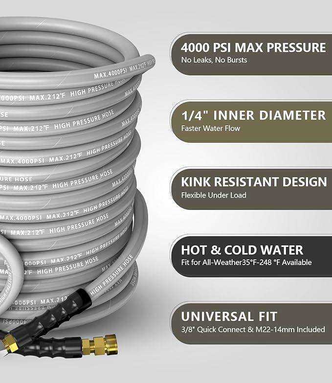 Pressure Washer Hose 200FT 4000 PSI, Kink Resistant Steel Braided Layer & NonMarking Rubber for Hot/Cold Water, High Power Washer Hose With 3/8 Inch Quick Connect & M22 Fitting, Gray - NeatNest