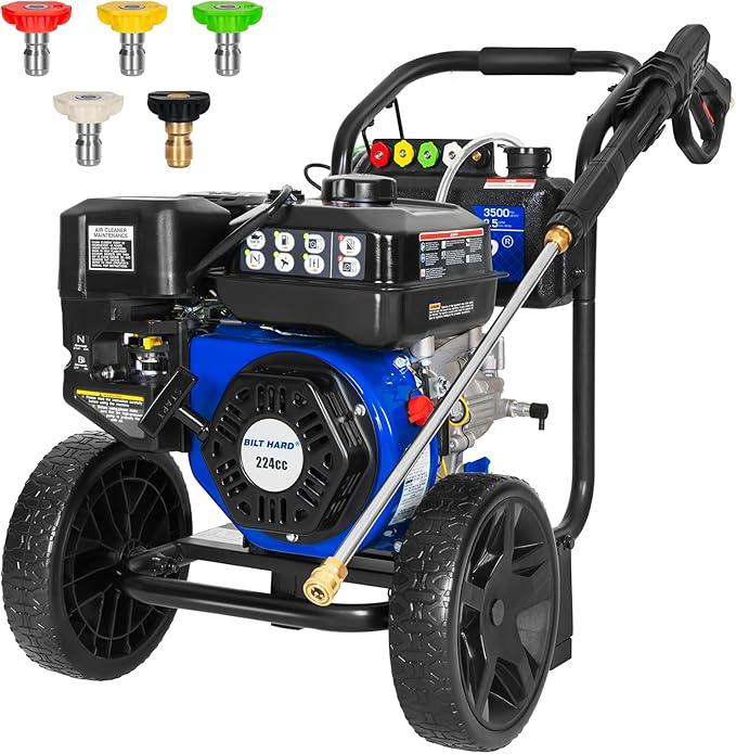BILT HARD 3500 PSI 2.5 GPM Gas Power Pressure Washer, 224cc 4-Cycle Engine, Heavy Duty Gas Pressure Washer with Spray Gun and Wand, 5 Quick Connect Nozzle Tips, 3/5"×25' Hose, 49-State - NeatNest