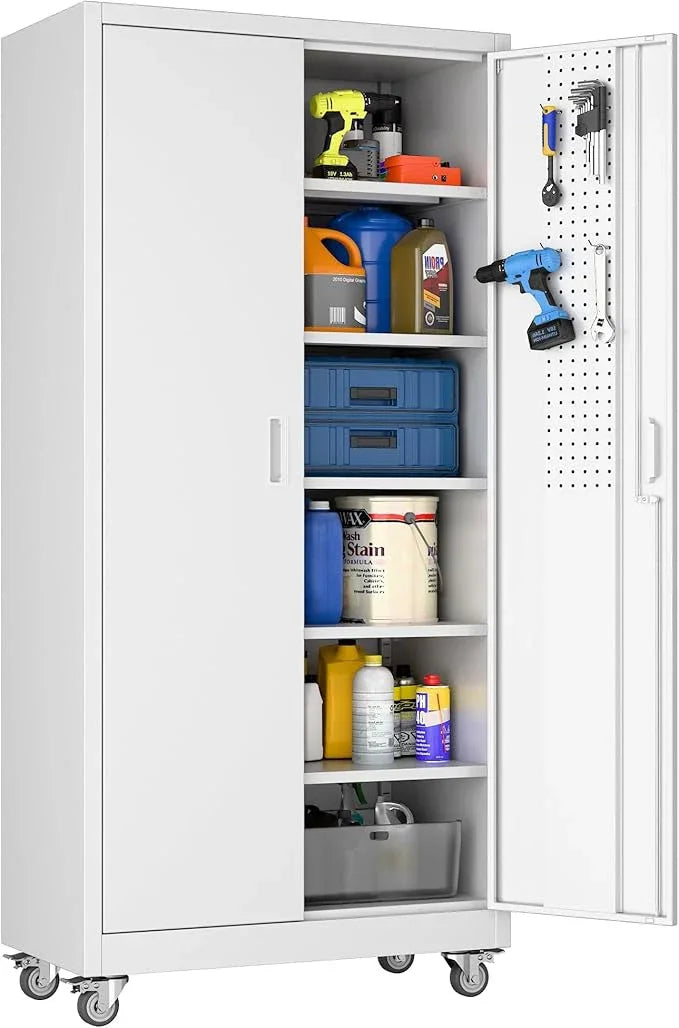 SUXXAN Garage Storage Cabinet with Pegboard and 5 Adjustable Shelves, 71'' x 32'' x 16''Metal Lockable Cabinet with Magnetic Doors,Tool Storage,Home Office Garage,Gym,School(White) - NeatNest
