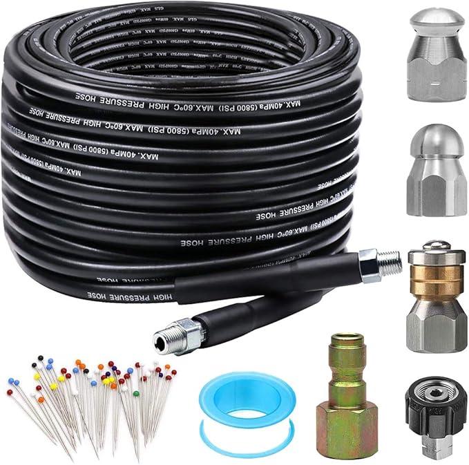 Sewer Jetter Kit for Pressure Washer 50FT, Newest 5800PSI Drain Cleaner Hose 1/4 Inch NPT Corner, Rotating and Button Nose Sewer Jetting Nozzle Pearl Corsage Pin Waterproof Tape - NeatNest