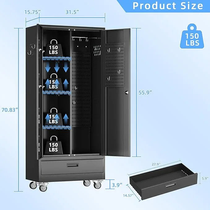 SUXXAN Broom Closet with Wheels 71"x 31.5"x15.75", Metal Cleaning Cabinets with Drawer Hooks and Hanging Rods, Lockable Cabinet with Pegboard, Adjustable Shelf,for Garage, Laundry Room - NeatNest