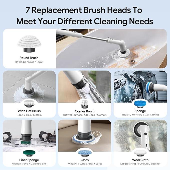 Electric Spin Scrubber, 2025 New Cordless Cleaning Brush, Shower Cleaning Brush with 7 Replaceable Brush Heads, Power Scrubber 3 Adjustable Speeds, Detachable Long Handle & IPX7 Waterproof - NeatNest