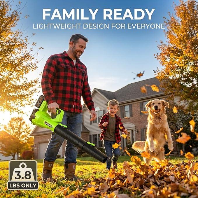21V Cordless Leaf Blower - 3500W 350m/s, Stepless Variable Speed, Extended Nozzle, Rechargeable with Safety Gear (Green:1*Battery + Charger) - NeatNest