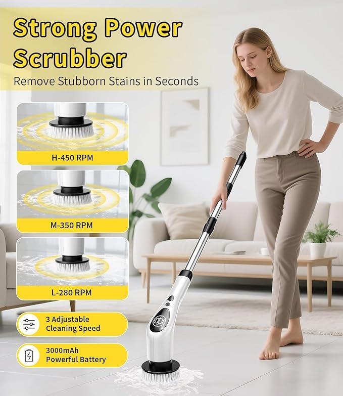 Electric Spin Scrubber,Cordless Cleaning Brush,Shower Scrubber with 9 Scrub Brush,3 Speed,Adjustable Extension Handle,Power LED Display, Voice Broadcast,Power Scrubber for Bathroom Kitchen Cleaning - NeatNest