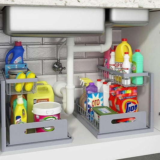 REALINN Under Sink Organizer, Pull Out Cabinet Organizer 2 Tier Slide Out Sink Shelf Cabinet Storage Shelves, Storage for Kitchen Bathroom, Grey, 2 Pack - NeatNest
