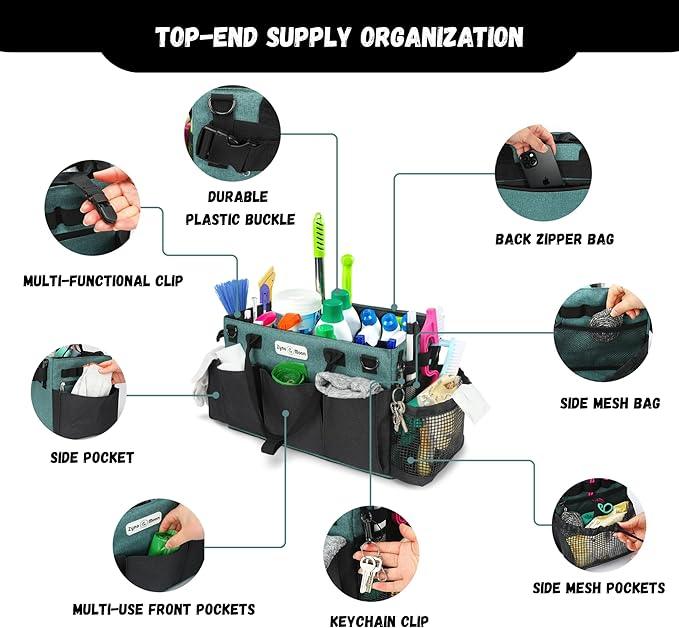 Wearable Cleaning Caddy – Portable Detailing Organizer with Spill-Proof Liner, Straps & Handles – Large Tote for Cleaning Pros, Auto Detailers, and Housekeepers – Green/Gray - NeatNest