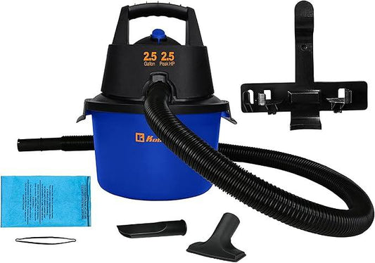 Koblenz WD-2.5L Portable Wet Dry Vacuum, 2.5-Gallon 2.5 PHP Suction Plus Blower Vacuum Cleaner for Liquids, Dust, Pet Hairs, 10’ Reach, For Car Cleaning, Wall-Mount Support, Parts Included, Blue/Black - NeatNest
