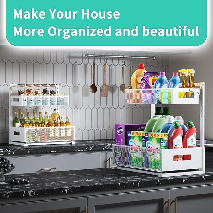 Under Sink Organizer Adjustable Height 2 Tier Bathroom Organizer Pull Out Cabinet Organer kitchen organizers and storage fridge organizers and storage,White,XL-1 Pack - NeatNest