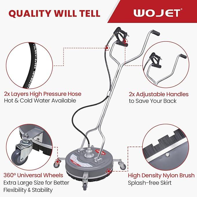 WOJET 18” Pressure Washer Surface Cleaner with 4 Wheels & Dual Handles, 4500PSI Surface Cleaner Attachment for Pressure Washer for Concrete Driveway Sidewalk Deck Patio Cleaning, 3/8'' Quick Connect - NeatNest