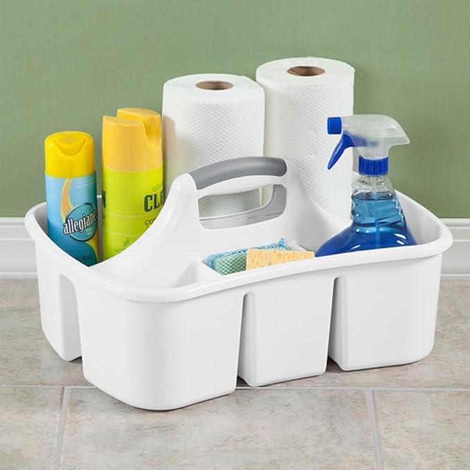 Sterilite Divided Ultra Caddy, Plastic, Portable Storage to Hold Bathroom and Cleaning Supplies, 5 Large Compartments and Handle, White, 18-Pack - NeatNest