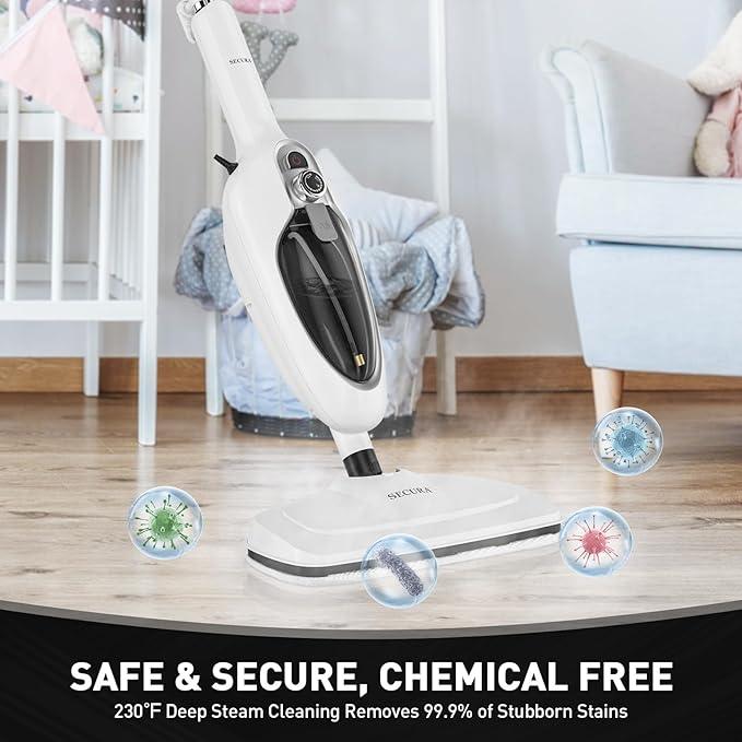 Secura Steam Mop 10-in-1 Convenient Detachable Steam Cleaner, White Multifunctional Cleaning Machine Floor Steamer with 3 Microfiber Mop Pads - NeatNest