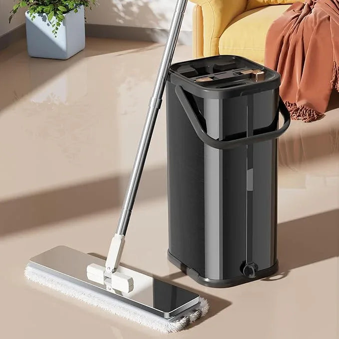 Separates Dirty Water Mop, Flat Mop and Bucket for Home with 4 Extra Refills, Stainless Steel Mop and Bucket with Wringer (Black) - NeatNest