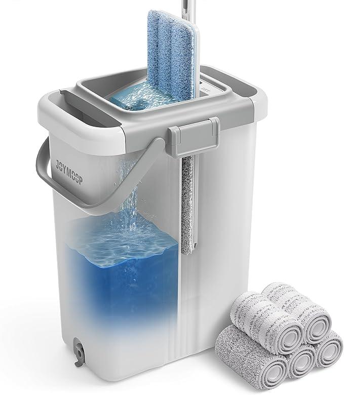 JOYMOOP Mop and Bucket with Wringer Set, Flat Squeeze Mop with Bucket (X-Large), Dust Mop for Wall Cleaner with Long Handle, Microfiber Mop - White Bucket with 5 Reusable 15" Pads - NeatNest