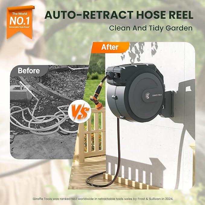 Giraffe Tools Hose Reel 1/2‘’ 78 ft, Heavy Duty Retractable Garden Hose Reel with Any Length Lock, Slow Return System, Wall Mounted and 180 Deg Swivel Bracket - NeatNest