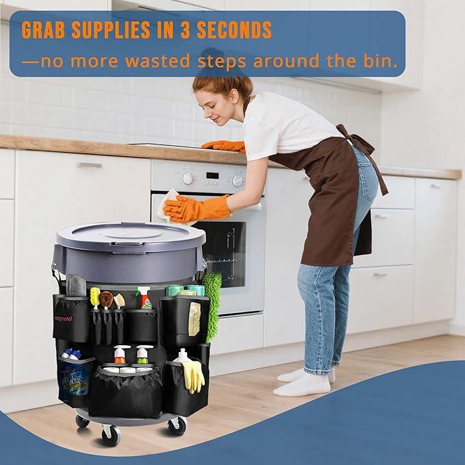 Trash Can Caddy Bag for 32-55 Gallon Garbage Bin, Hongmed Caddy for Commercial Cleaning Supplies, Multi-Pocket Utility Apron with Adjustable Straps, Heavy-Duty Nylon Organizer for Janitorial Duties - NeatNest