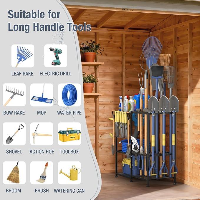 Garden Tool Organizer, Metal Yard Tool Organizer,Holds 70 Long-Handled Tools/Rakes/Brooms,Side Garden Pocket,Heavy Duty Steel Yard Tool Storage Rack for Garage,Shed, Outdoor(Black-Large) - NeatNest
