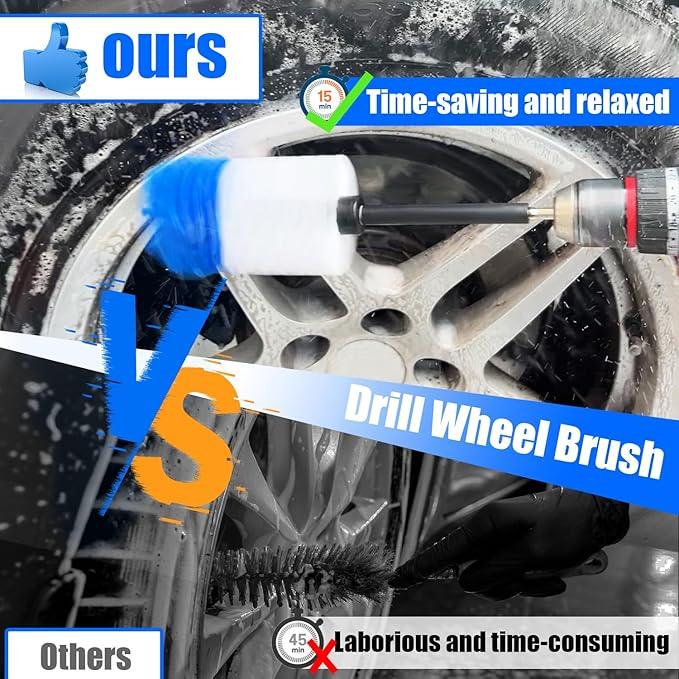 Wheel Brush Kit, Soft Drill Wheel Cleaner Brush, Tire Brush, Detailing Brush, and Detailing Pads, No Scratches Car Wheel Cleaning Kit for Wheels, Tire, Rims, Engines, Exhaust(Blue + White 9 Pk) - NeatNest