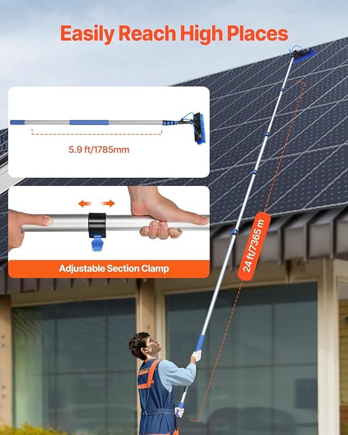 VEVOR Water Fed Pole Kit, 24FT Solar Panel Cleaning Pole with Extendable Handle, 180° Rotatable Brush Head & 65.6FT Hose, Household & Outdoor Window Cleaner Tool for Caravan Solar Panel Deck - NeatNest