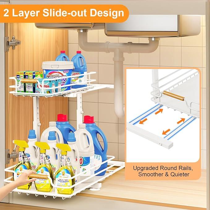 JYPS 2 Pack Under Sink Organizer, 2 Tier Pull out Under Kitchen Bathroom Sink Organizer and Storage, Metal Sliding Drawer for Cabinet Pantry Undersink Organizers Shelf - NeatNest