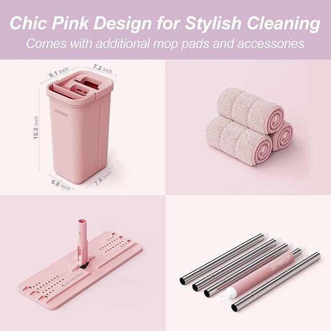 JOYMOOP Pink Mop and Bucket with Wringer Set for Home, with 3 Reusable Microfiber Mop Pads, Hands-Free Self-Cleaning System, Suitable for Floor Cleaning and Wall Cleaner - NeatNest