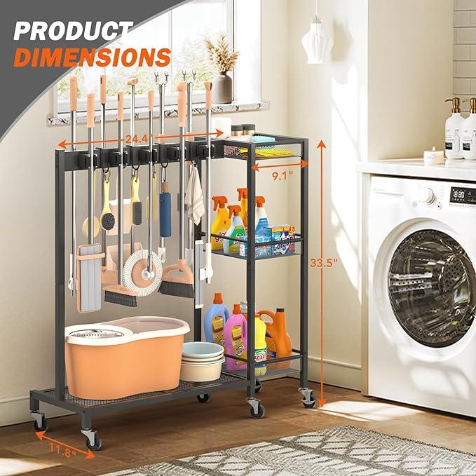 Broom Holder with Cleaning Supplies Organizer, Broom Closet Storage Cabinet with Cleaning Caddy, Cleaning Cart with Mop Hanger Gripper Rack Hooks,Janitorial Housekeeping cart,Laundry Room Organization - NeatNest