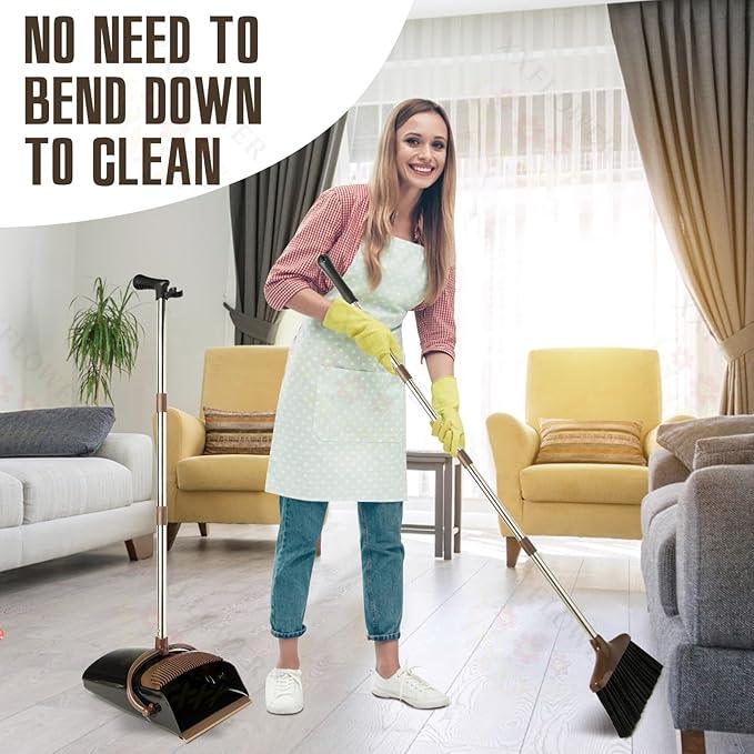 Broom and Dustpan Set with Long Handle, Light Weight Stainless Steel Poles Stand Upright Dustpans with Broom Combo for Home Kitchen Office Pet Dog Hair, 1-Pack (Black Brown) - NeatNest