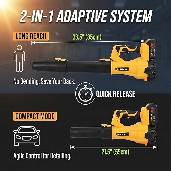 21V Cordless Leaf Blower - 3500W 350m/s, Stepless Variable Speed, Extended Nozzle, Rechargeable with Safety Gear (Yellow:2*Battery + Charger) - NeatNest