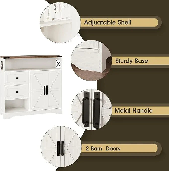 Fameill Farmhouse Storage Cabinet with Drawers and Open Storage,Freestanding Kitchen Pantry with 2 Barn Doors, Floor Cabinet with Adjustable Shelf for Living Room,White - NeatNest