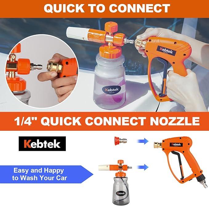 Kebtek Short Pressure Washer Gun with Foam Cannon 5200 PSI, 1/4” Quick Connect Snow Foam Lance for Car Washing Heavy Duty Brass with 5PCS Nozzle Tips and M22-15mm Connector - NeatNest