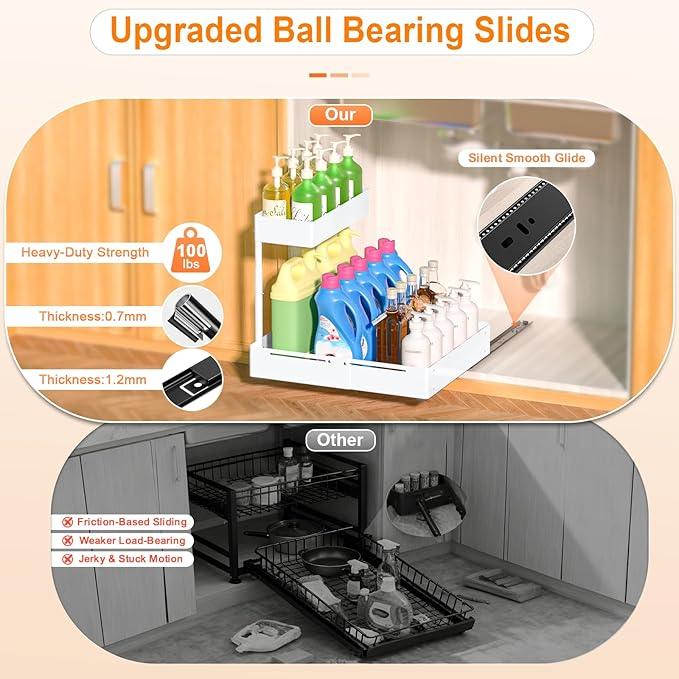 YJHome 2 Pack Expandable Under Sink Organizer, 2 Tier Pull Out Cabinet Organizer with Smooth Ball Bearing Slides, Adjustable Height Cabinet Storage Shelves for Kitchen, Bathroom, Laundry, Pantry - NeatNest