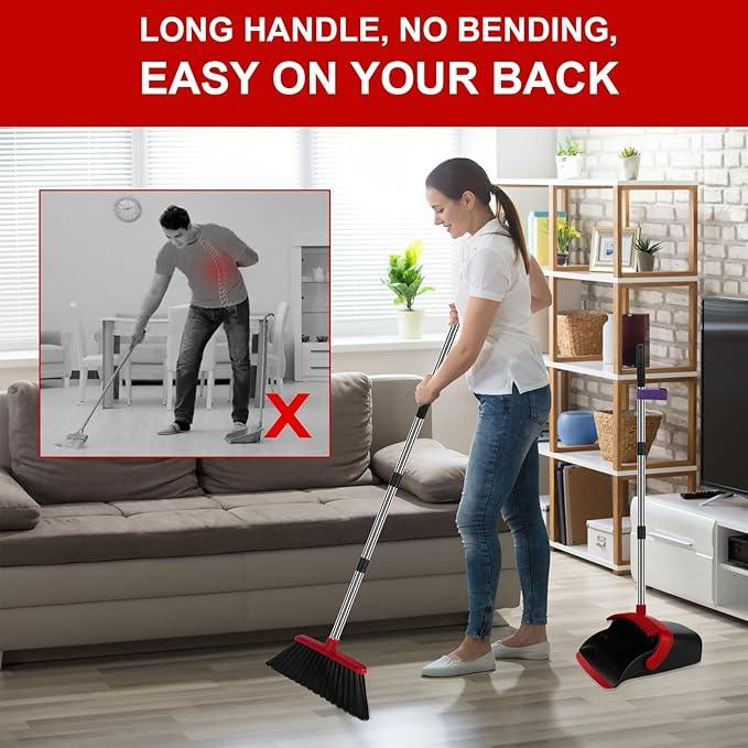 Broom and Dustpan Set, Large Household Broom with Dustpan Combo Set, 55 Inch Long Handle, Red Dust Pan Combo Set for Home - NeatNest