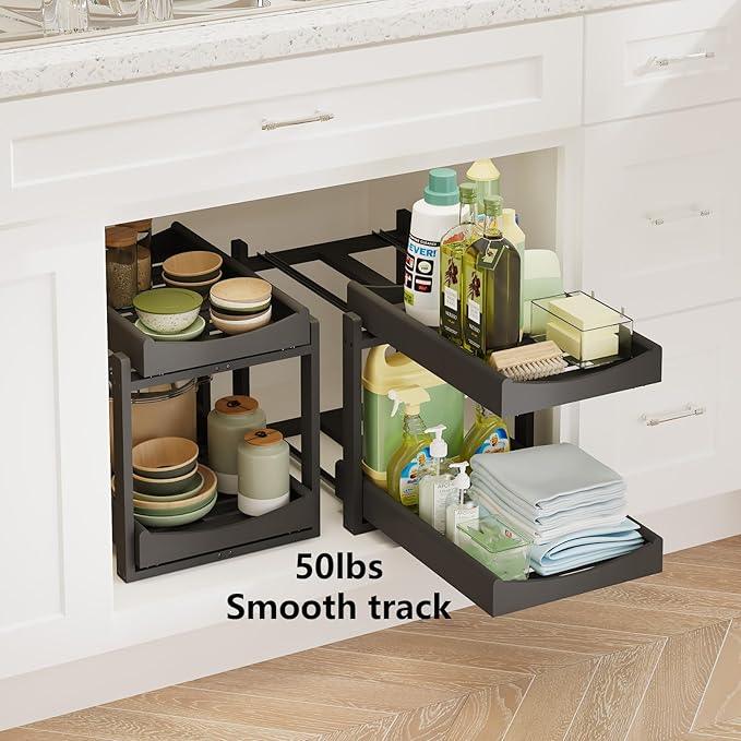Bamboo Under Sink Organizer Adjustable Height 2 Tier Bathroom Organizer Pull Out Cabinet Storage Kitchen Heave Duty Wood Slide Ou Shelf for Kitchen Bathroom (Black, 2 Packs) - NeatNest