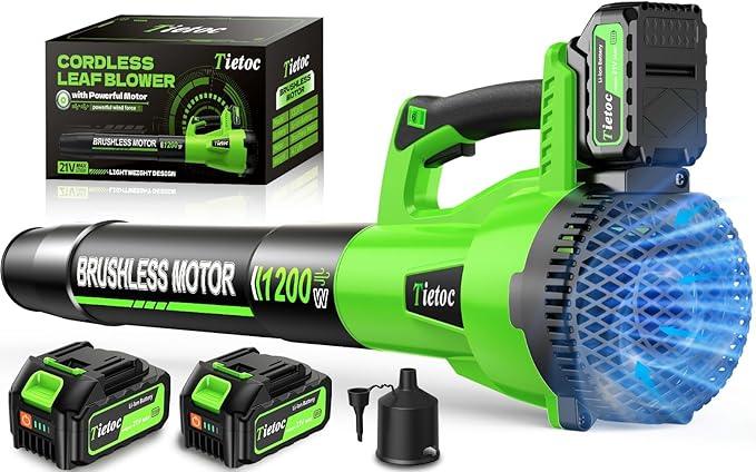 Tietoc Leaf Blower Cordless, 1200W Brushless Electric Leaf Blower with 2 X 5.0Ah Battery, 6 Speed Powerful Leaf Blowers for Garden, Lawn Care, Christmas Stocking Stuffers Gifts for Women Men(Green) - NeatNest