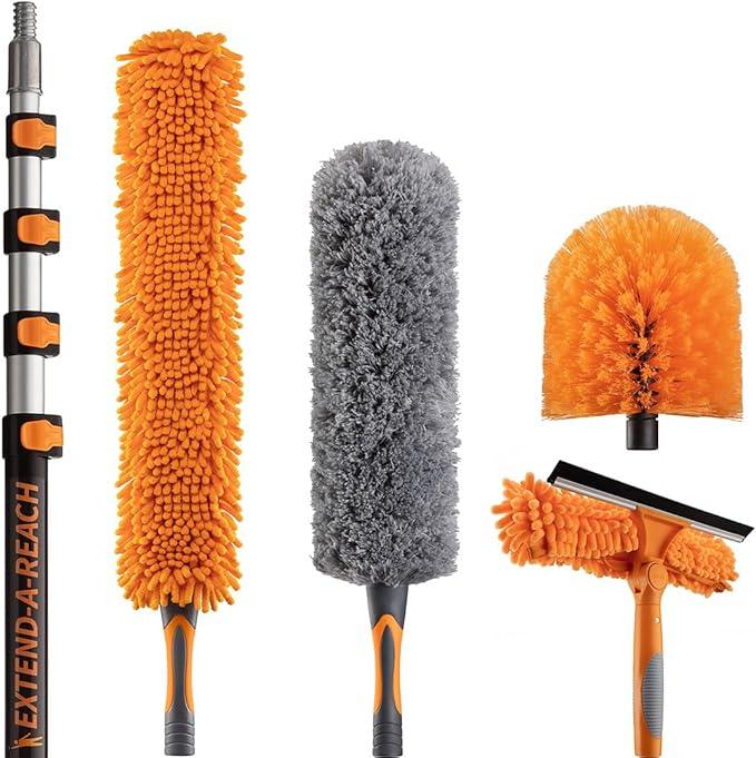 24 Foot High Reach Duster Kit with 5-18 ft Extension Pole // High Ceiling Dusting and Window Cleaning Kit with Telescopic Pole // Window Washer & Squeegee, Cobweb Duster, Fan Blade and Feather Dusters - NeatNest