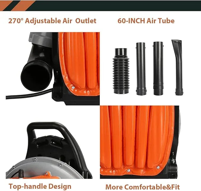 63CC Backpack Leaf Blower Gas Powered, 3HP 2-Stroke Engine, 665CFM High Velocity Air Cooling System, Adjustable Backpack Blowers Gas for Lawn, Garden, Yard, Snow, Gutter Cleaning (Power Orange) - NeatNest